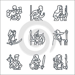Roleplaying avatars line icons. linear set. quality vector line set such as adventurer, knight, crossbow, wizard, dragon, samurai