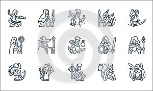 Roleplaying avatars line icons. linear set. quality vector line set such as assasin, crossbow, bow, druid, adventurer, priest,