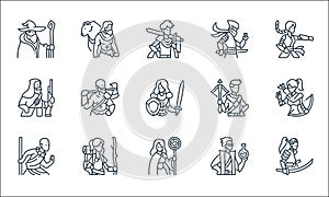 Roleplaying avatars line icons. linear set. quality vector line set such as samurai, priest, monk, alchemy, adventurer, gunnery,