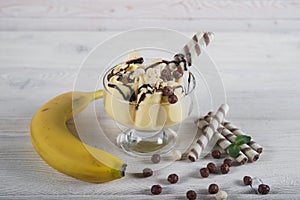 Roll of banana ice cream. Fresh fried fruit ice cream, ice roll