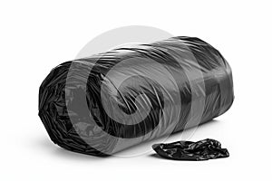 Roll of Black Trash Bags on White Background