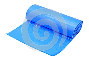 Roll of blue plastic garbage bags isolated on a white background