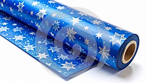 Roll of Blue Wrapping Paper with Silver Star Pattern on White