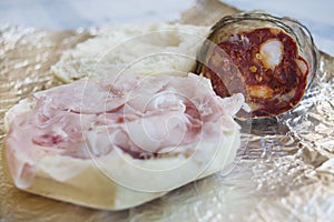 Roll bread with steak ham and salami