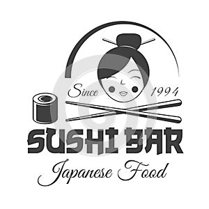 Roll, chopstick and japan girl , sushi bar vector vintage label, badge, or emblem