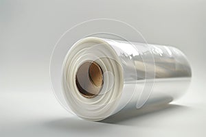 Roll of clear white polyethylene film on a light background.