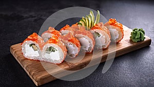 Roll Ebi Ringo with tiger shrimp, cream cheese, apple and tobiko, on a wooden board, on a dark background photo