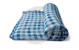 Roll of hand woven plaid shawl, Thai cotton indigo dyed isolated on white