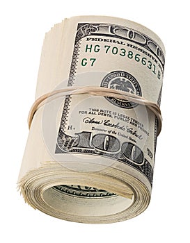 A roll of hundred us dollars laying on side isolated on white background photo