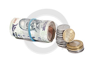 Roll of Indian Currency Rupees Notes and Coins