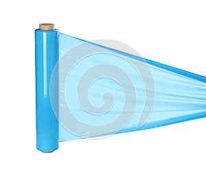 Roll of light blue plastic stretch wrap on white background