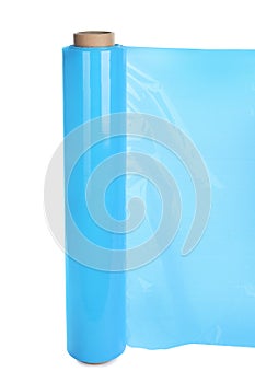 Roll of light blue stretch wrap isolated on white