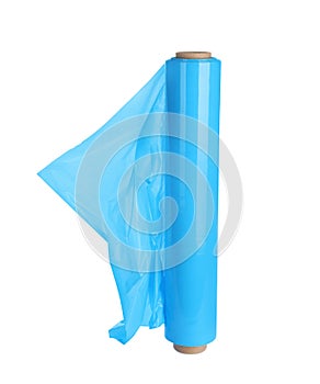 Roll of light blue stretch wrap isolated on white