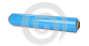 Roll of light blue stretch wrap isolated on white