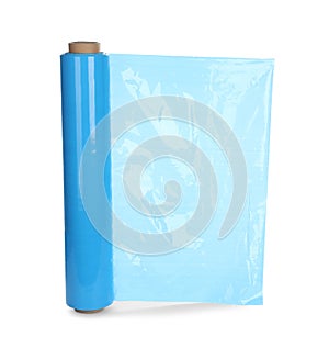 Roll of light blue stretch wrap isolated on white