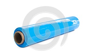 Roll of light blue stretch wrap isolated on white