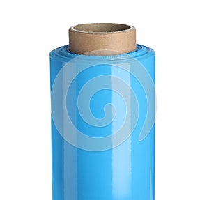 Roll of light blue stretch wrap isolated on white, closeup