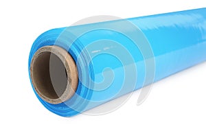 Roll of light blue stretch wrap isolated on white, closeup