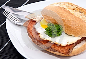 Roll with meat loaf on a plate