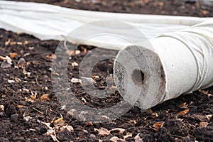 A roll of new geofabric is lying on the lawn. Landscaping of the park photo