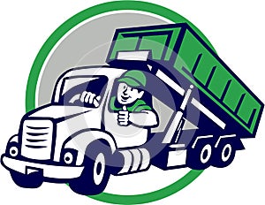 Roll-Off Bin Truck Driver Thumbs Up Circle Cartoon