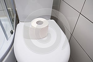 A roll of oilet paper on a toilet cover, concept for constipation and bowel movement