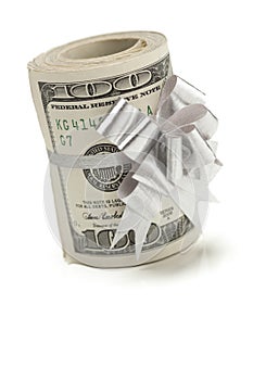 Roll of One Hundred Dollar Bills Tied Silver Bow on White