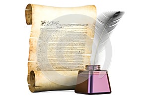 Roll of papyrus with Constitution of the United States and feather, 3D rendering