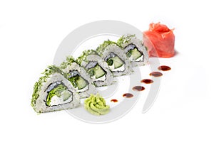 Roll with pieces of cucumber and Philadelphia cheese. Isolated. Sushi roll turned on a white background. Sushi Japanese food in a