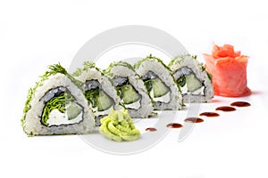Roll with pieces of cucumber and Philadelphia cheese. Isolated. Sushi roll turned on a white background. Sushi Japanese food in a