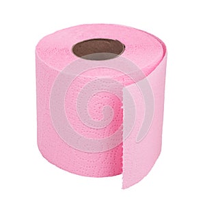 Roll of pink toilet paper on white background