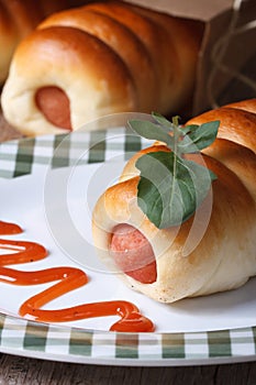 Roll with sausage on a plate with tomato sauce vertical