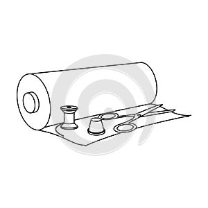 A roll of sewing fabric, scissors, a thimble and a thread coil. Sewing and equipment single icon in outline style vector