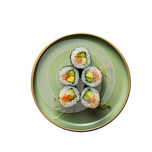 Roll Sushi On Limegreen Smooth Round Plate On Isolated Transparent Background U.S. Dish. Generative AI