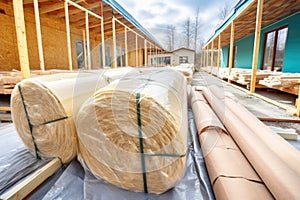 roll of thermal insulation material in a new house framework