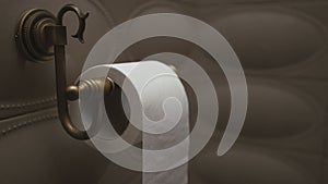 Roll of toilet paper on a metal mount on the wall of the toilet room. A woman`s hand unwinds the paper.