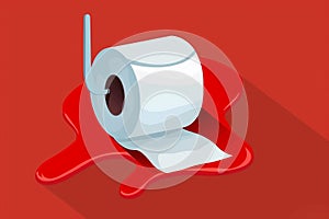 A roll of toilet paper with a puddle of red liquid. Red background