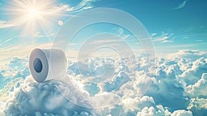 roll of toilet paper in white clouds, blue sunny sky background