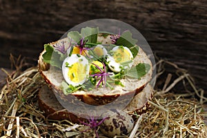 Roll topped with boiled quail eggs in hay
