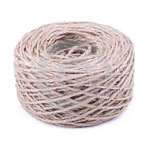 Roll of twine jute on sacking, hemp rope in paper roll isolated