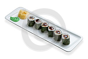 Roll unagi Maki on white plate isolated on white background