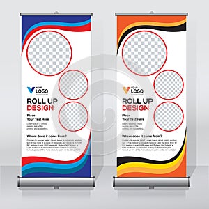Roll up banner design template, vertical, abstract background, pull up design, modern x-banner, rectangle size. photo