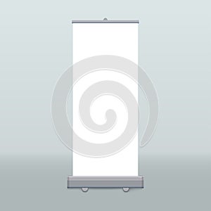 Roll up banner isolated. Vector empty display mockup for presentation or exhibition product. Vertical blank roll up