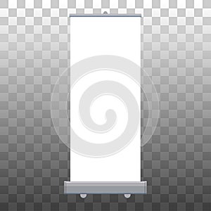 Roll up banner isolated. Vector empty display mockup for presentation or exhibition product. Vertical blank roll up