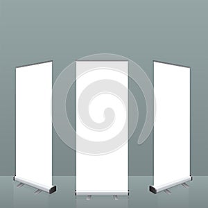 Roll up banner stand. Empty show display set template for presentation or exhibition your product. Illustrated vector.