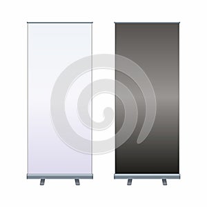 Roll up banner stand isolated on white background. Vector empty white show display mock up for presentation or exhibition your pro