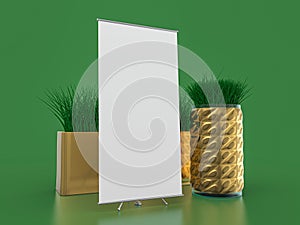 Roll up banner stand. Mockup on green background. 3D illustration.