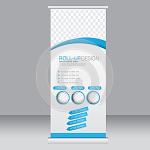 Roll up banner stand template. Abstract background for design, business, education, advertisement. Blue color. Vector illustrati