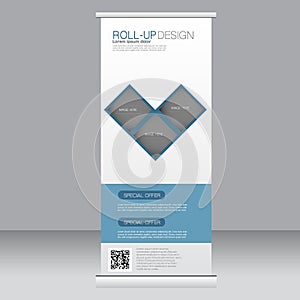 Roll up banner stand template. Abstract background for design, business, education, advertisement. Blue color. Vector illustrati
