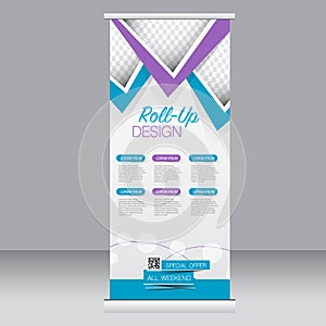 Roll up banner stand template. Abstract background for design, business, education, advertisement. Blue and purple color. Vector